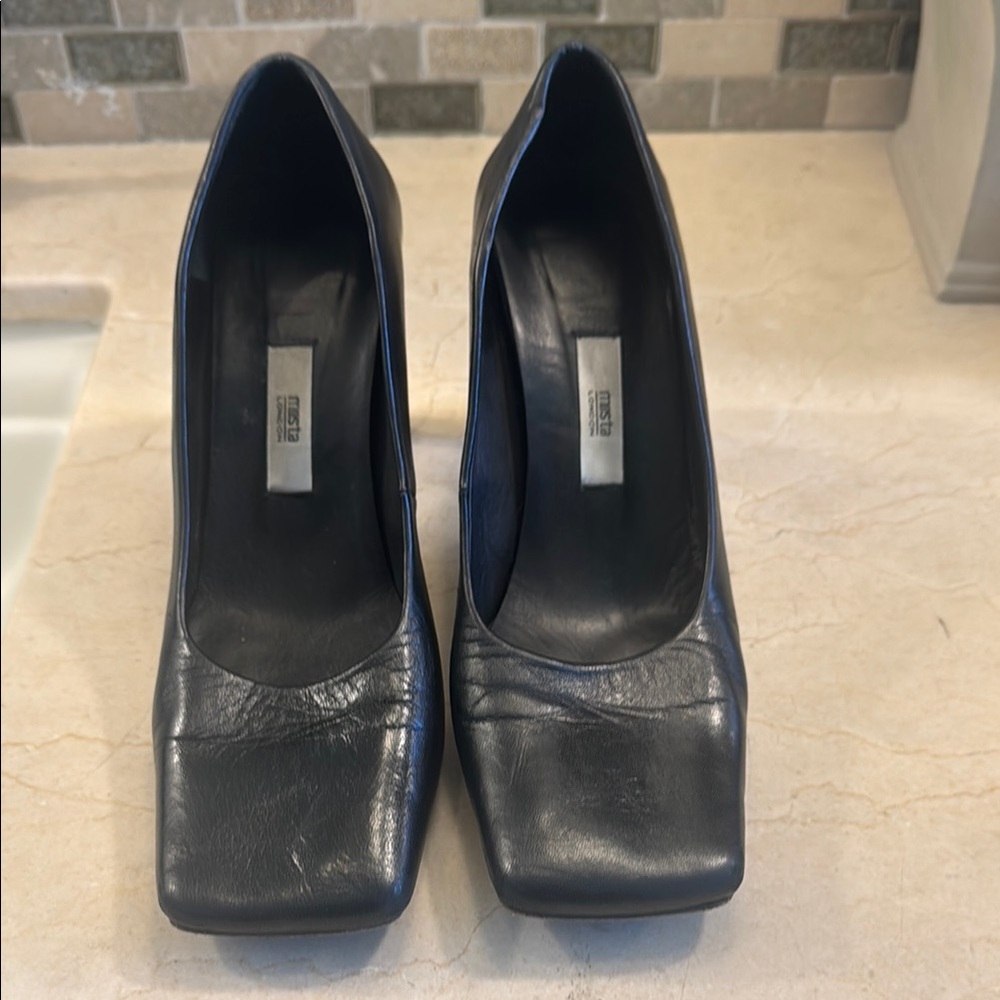 Miista Black Block Heel Leather Heels